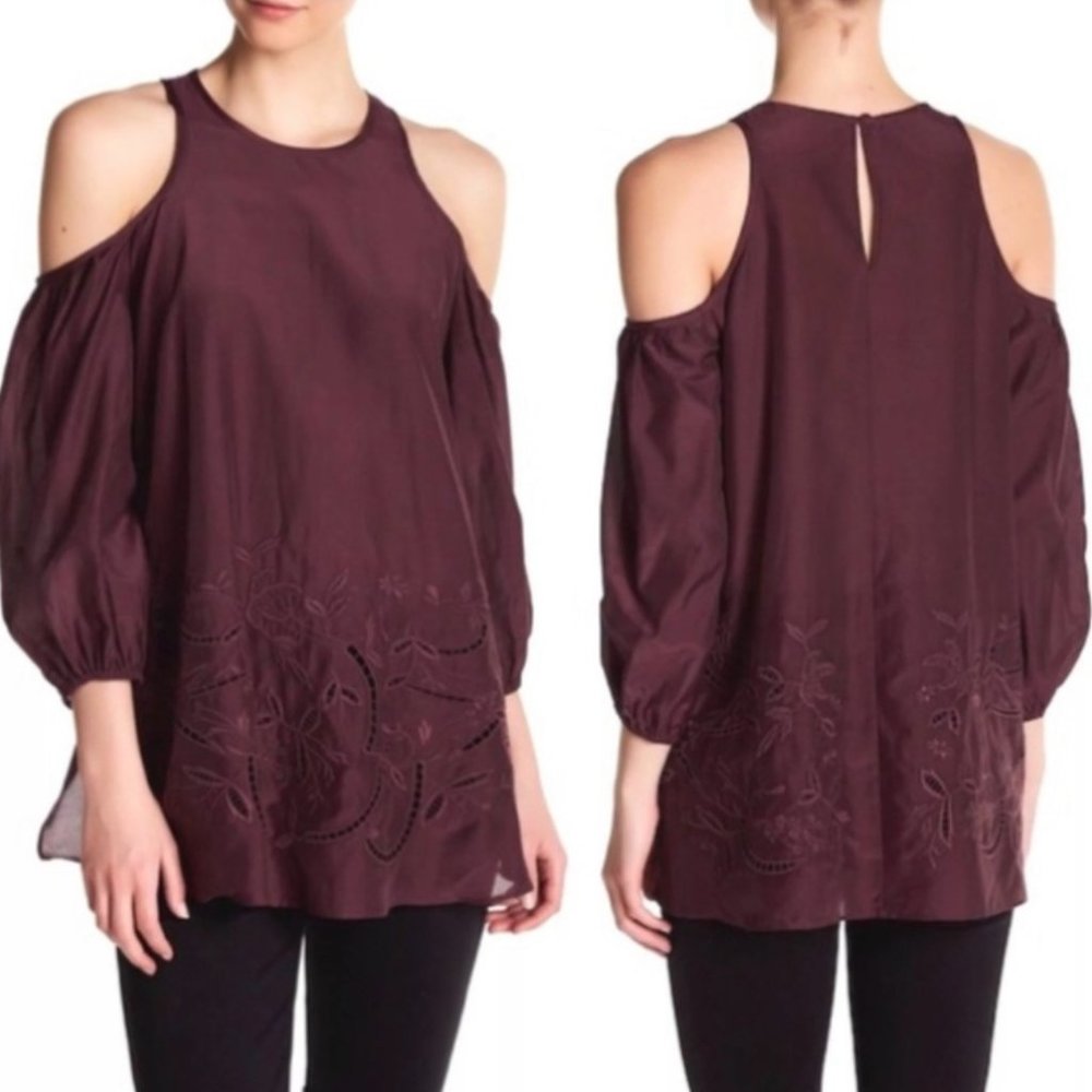 Tibi Carmen Cold Shoulder Tunic Eyelet Maroon Wine